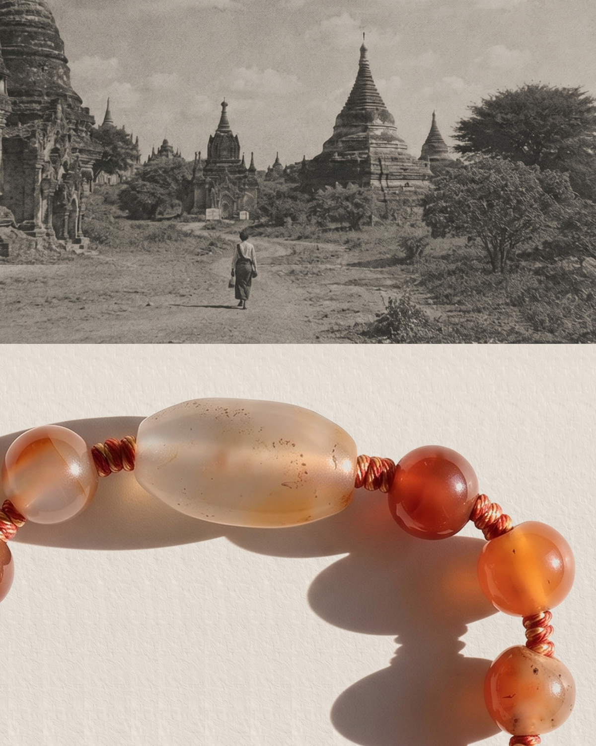 Black-and-white photo of a person walking toward stupas, above orange and pale beads on red cord.