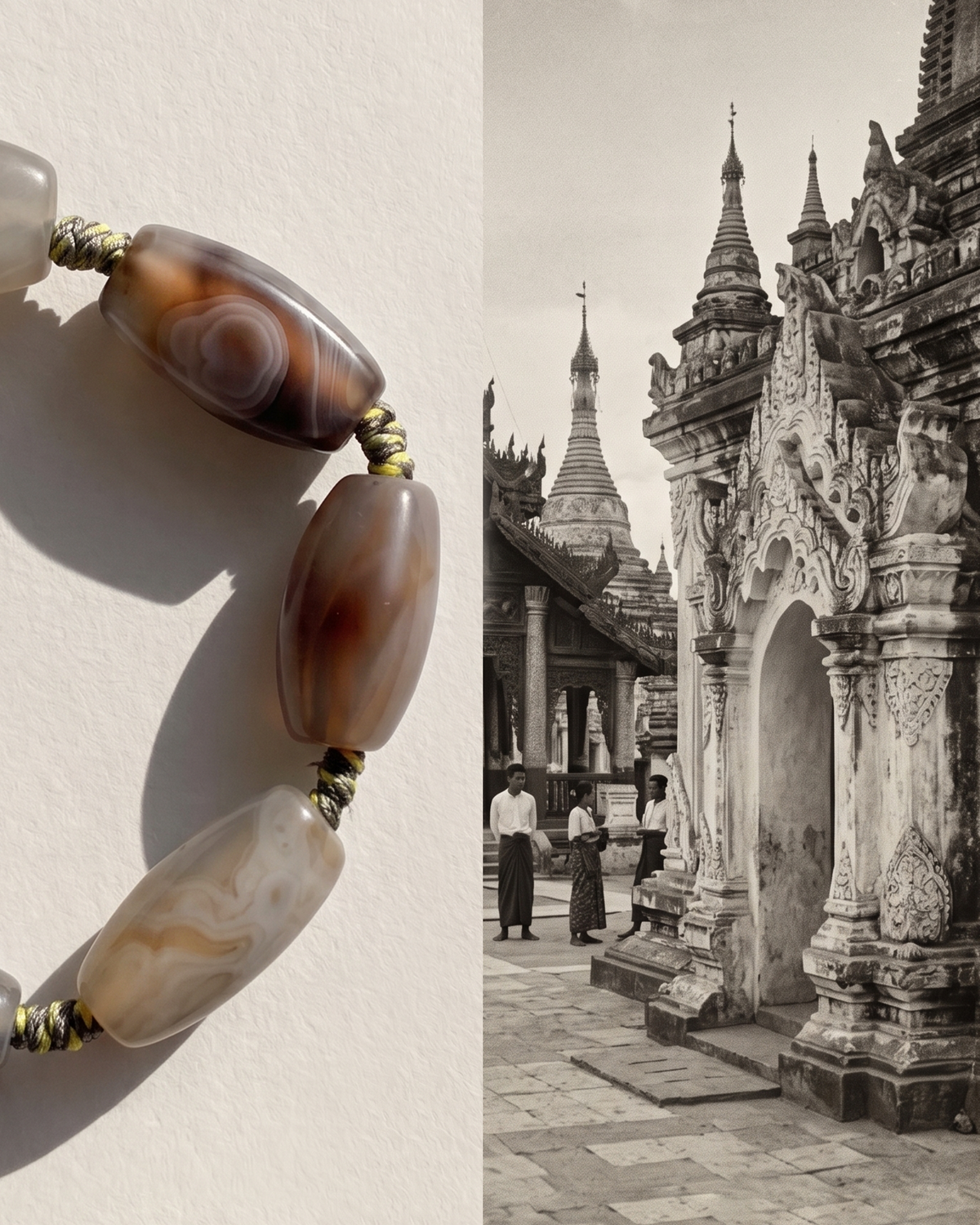 Brown and grey banded oval beads on olive cord beside a black-and-white photo of an ornate temple.