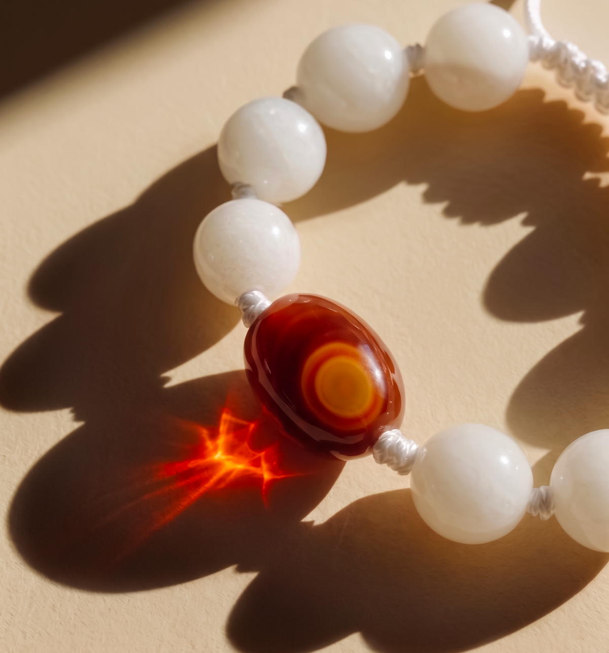 White bead bracelet with a red eye-patterned center bead, casting shadows in sunlight.