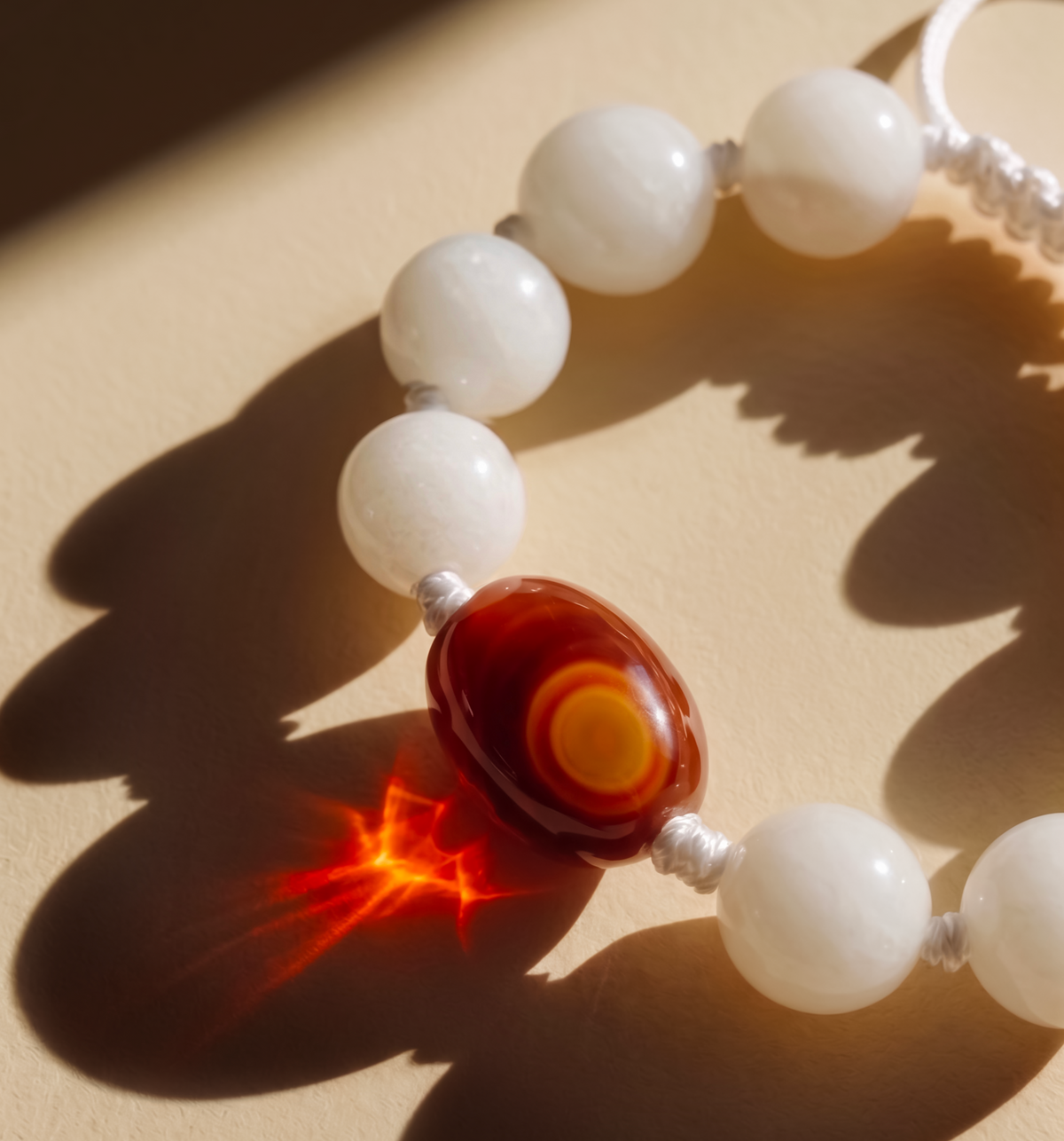 White bead bracelet with a red eye-patterned center bead, casting long shadows and a red glow in sunlight.