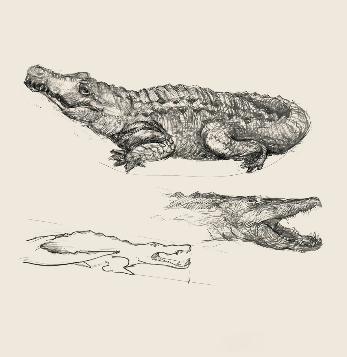 Pencil studies of a crocodile and its head.
