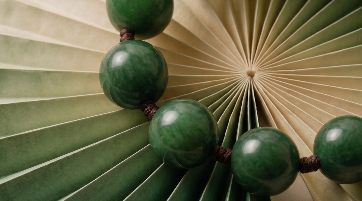 Deep green stone bead bracelet on brown knotted cord, resting on a pleated green and cream paper fan.